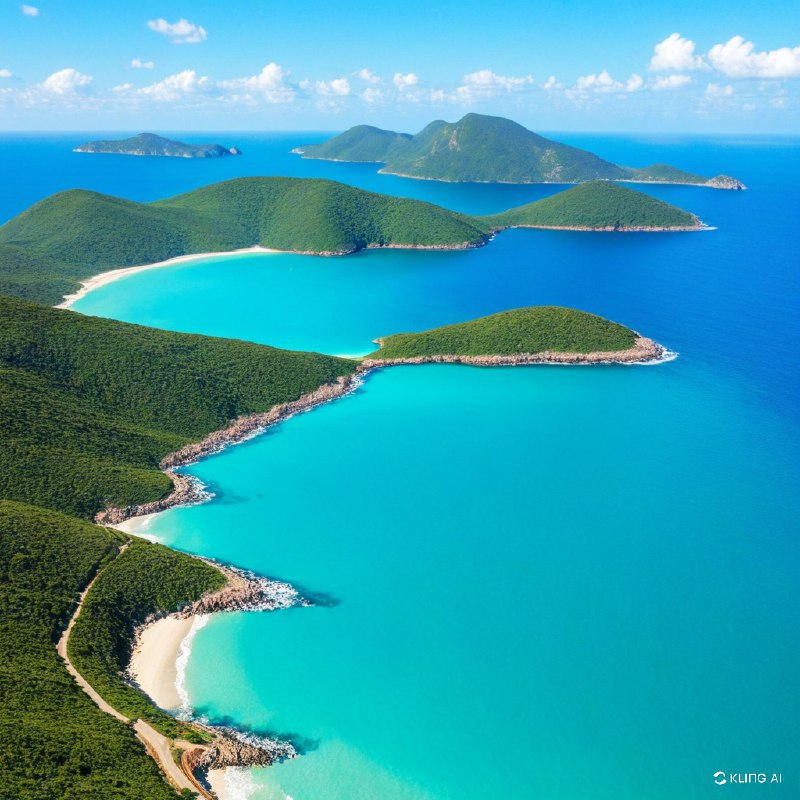 #Bing_Wallpaper自然奇观的蓝色魅力，巴西里约热内卢州的阿拉亚尔多卡博，广阔的海岸线与湛蓝的海水交汇，曲线优美的半岛环抱着明亮的海湾