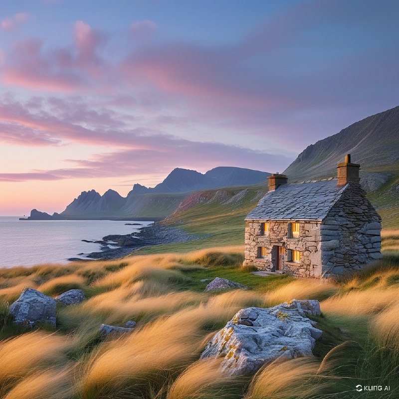 #Bing_Wallpaper"威尔士沿海的日出景象，一座古朴的石屋静静地坐落在金色随风摇曳的草丛中，屋顶覆有板岩，与兰德温岛（Llanddwyn Island）宁静的美景融为一体