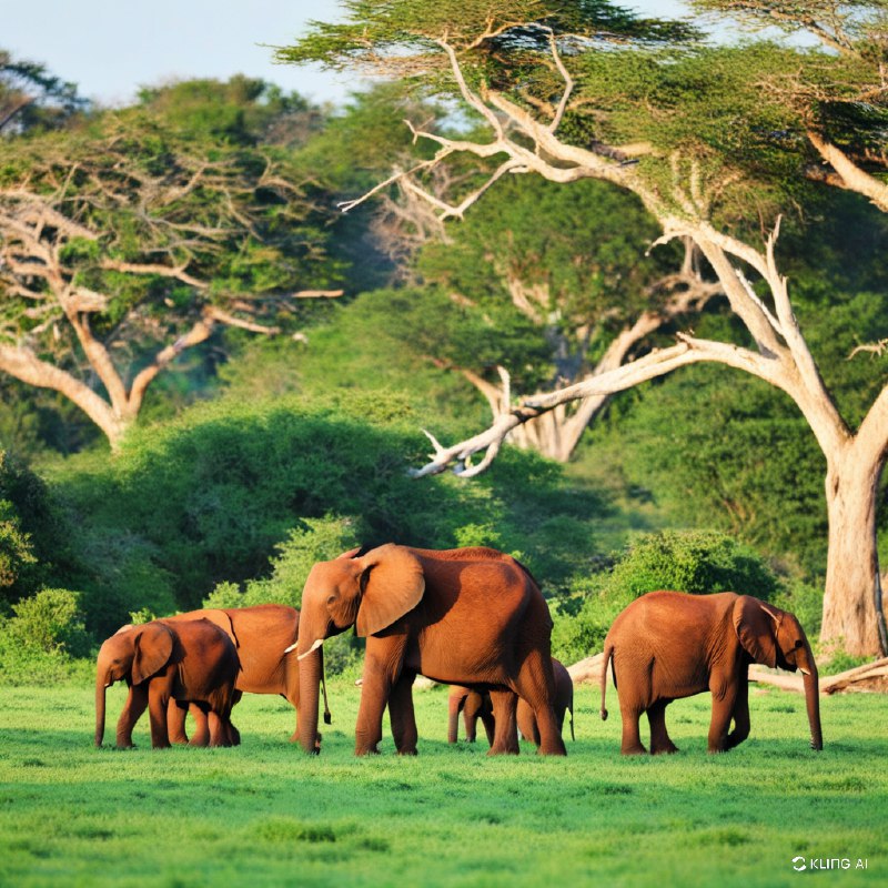 肯尼亚察沃东国家公园郁郁葱葱的平原上，非洲大象家族整齐划一地走过，呈现出一幅宁静的风景画