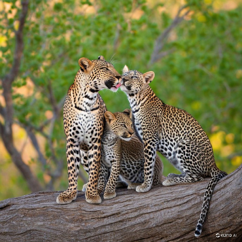 #Bing_Wallpaper“在博茨瓦纳贾奥自然保护区茂密的绿色荒野中，一只母豹正温柔地为她那顽皮的小豹梳理毛发，二者优雅地栖息在一棵粗壮而沧桑的树干上，构成了一幅宁静而暖心的画面