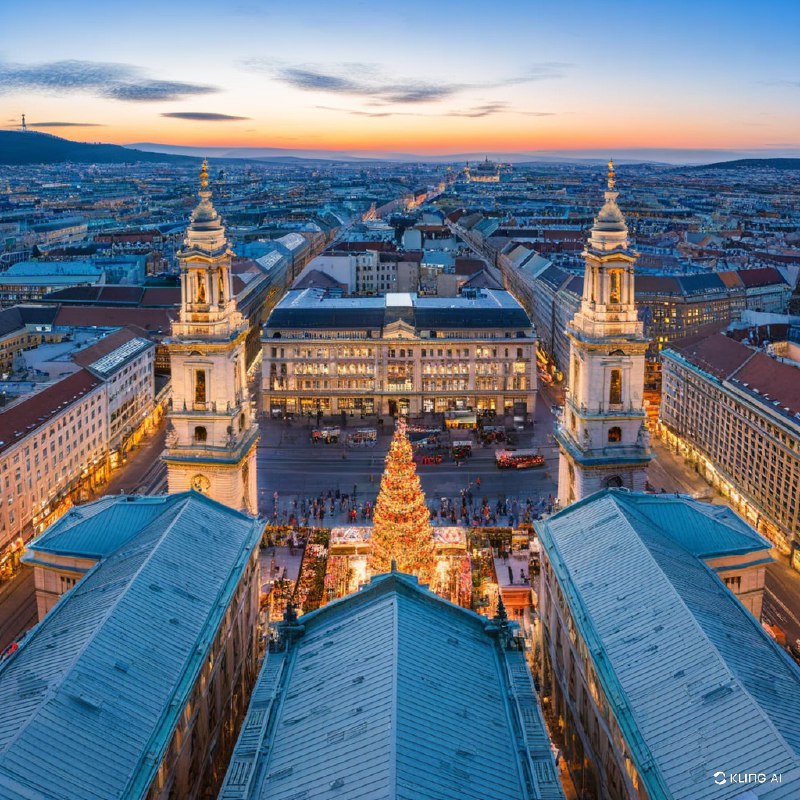 #Bing_Wallpaper圣斯蒂芬大教堂在降临节期间的全景，装饰着来自匈牙利布达佩斯繁忙圣诞市场的温暖发光灯饰