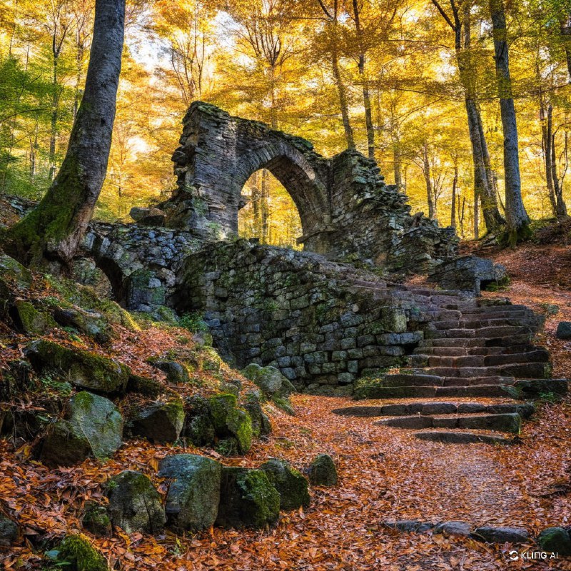 这是一个神秘的森林场景，一个古老的石阶废墟不知通向何方，周围是郁郁葱葱的秋叶，阳光透过树丛，照亮了城堡的残垣断壁，营造出一种神奇而宁静的氛围