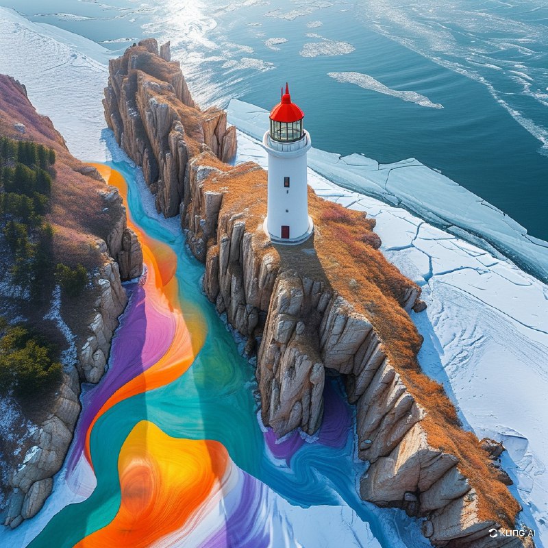 #Bing_Wallpaper俯瞰一幅奇幻场景，展示了悬崖峭壁上色彩斑斓的抽象风景，俯瞰着一片冰封的海面