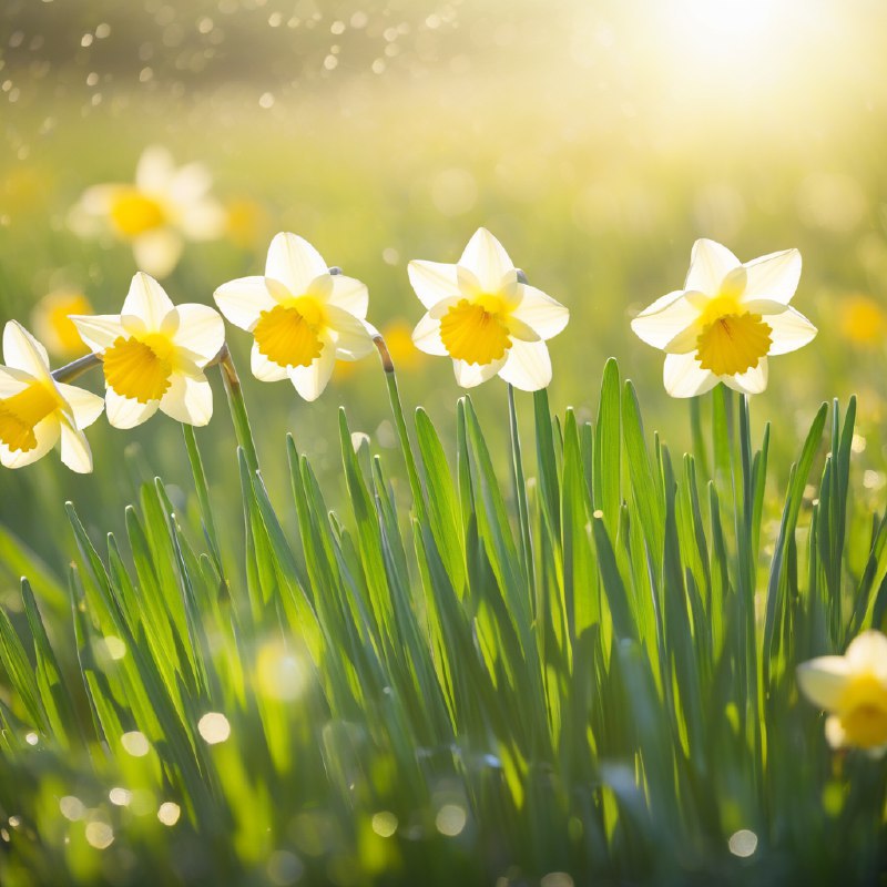 #Bing_Wallpaper一个迷人的春日清晨，沐浴在金色阳光中，娇嫩的水仙花优雅地盛开在鬱鬱葱葱的绿草间