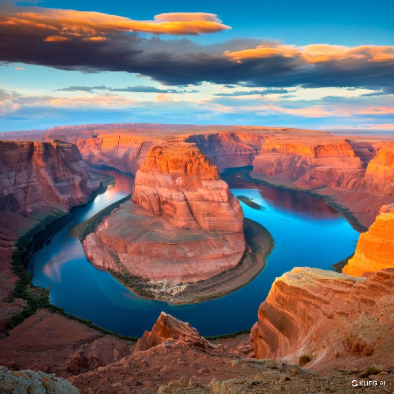 #Bing_Wallpaper"美国犹他州鲍威尔湖畔的阿尔斯特罗姆角，那辽阔而令人震撼的景致：金橙色的砂岩悬崖在夕阳的温暖光辉下熠熠生辉，长长的影子洒落在崎岖的地形上；湖水深沉宁静的湛蓝色与岩石炽烈的色调形成鲜明对比；远方的台地和平顶孤峰延绵至地平线，在天际下层次丰富的云层中展开，云朵呈现蓝、灰以及柔和桃色的交叠变化；悬崖上风化纹理与沉积层次的尖锐细节清晰可见；整个画面弥漫着一种静谧却雄伟的气息，唤起沉思与敬畏，描绘了一个具备高清晰度和现实感的电影级自然意境