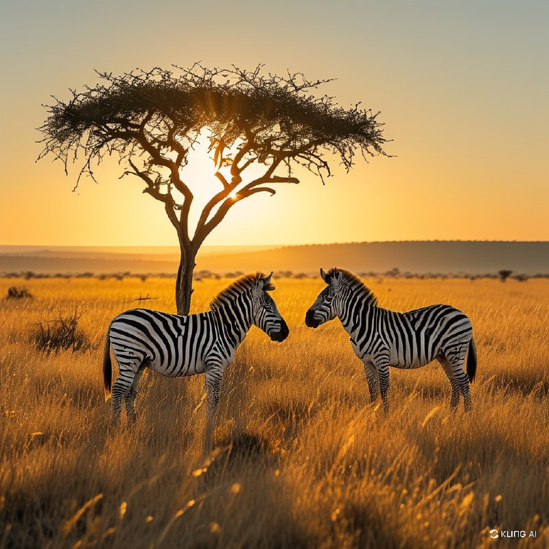 #Bing_Wallpaper两匹雄伟的平原斑马站立在金色的稀树草原上，沐浴在南非莫卡拉国家公园日出时温暖的金色光芒中