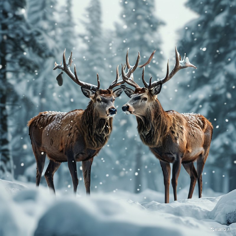 #Bing_Wallpaper“壮丽的加拿大森林景色，一头高贵的雄鹿伴着高耸的鹿角，守护地站在一只温柔的雌鹿旁边，它们浓密的红褐色毛皮与洁白的雪景形成美丽的对比，空中飘舞着精致的雪花，营造出一种超然的冬日氛围，背景中轻微模糊的积雪覆盖的常青树衬托其意境，毛皮与雪的复杂纹理在自然柔和的光线下被凸显出来，捕捉到了自然的优雅与宁静，电影般的构图，超写实的渲染，细腻的细节与生动的色彩