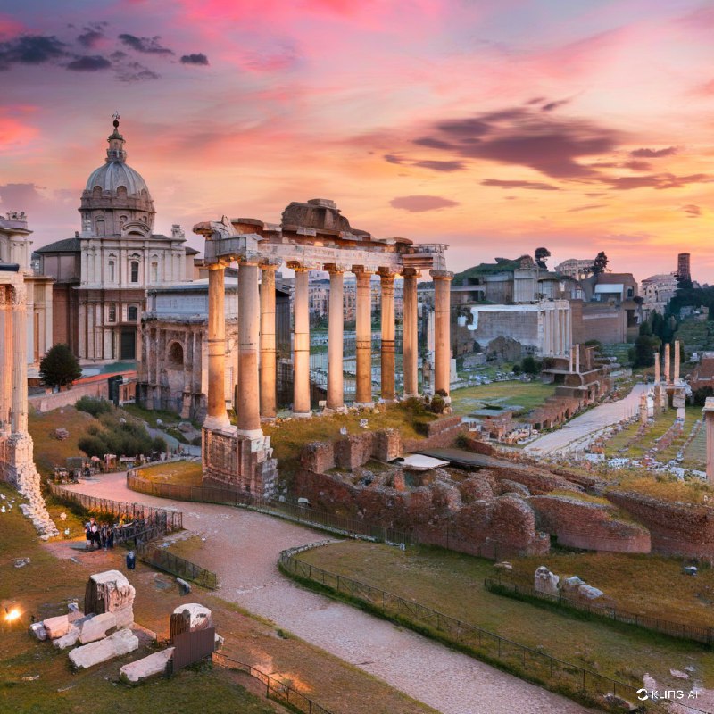#Bing_Wallpaper“雄伟的罗马广场在日落时分展现出壮丽景象，宏伟的农神庙被古老的遗迹环绕，沐浴在温暖的金色和琥珀色光芒中