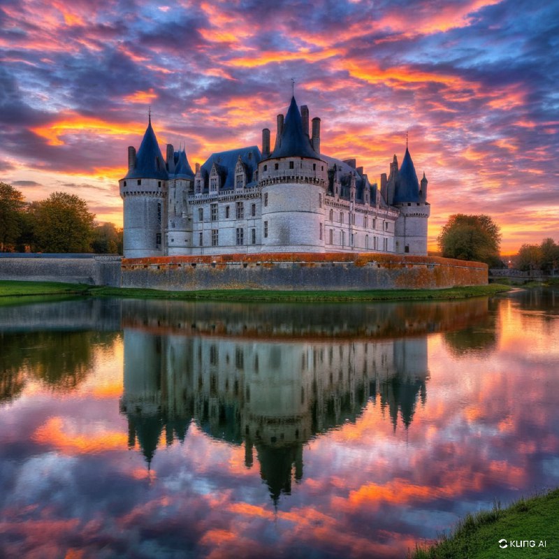 #Bing_Wallpaper一座雄伟的中世纪城堡庄严地矗立在卢瓦尔河静谧的河岸边，暮色中，它被宁静的水面环绕，水面倒映着城堡巍峨的石墙和高耸的圆锥形塔尖