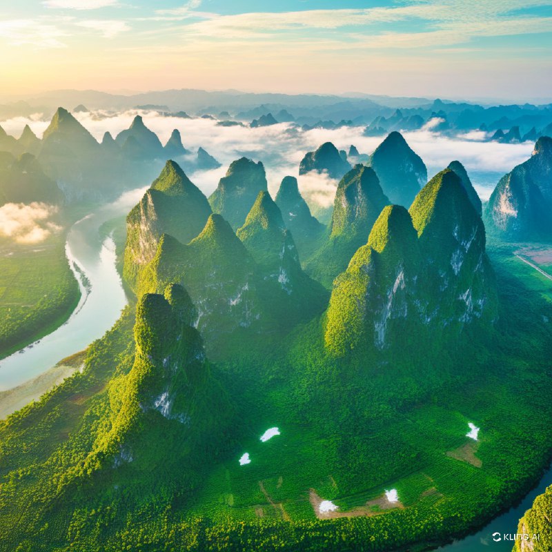 #Bing_Wallpaper沐浴在日出金色光辉中的壮丽喀斯特山峰，展现了中国桂林广西绿意盎然的绝美景观的震撼俯瞰图