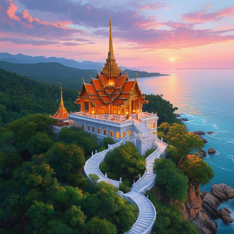 #Bing_Wallpaper在黄昏时分俯瞰泰国班克鲁特的唐赛寺壮丽景色