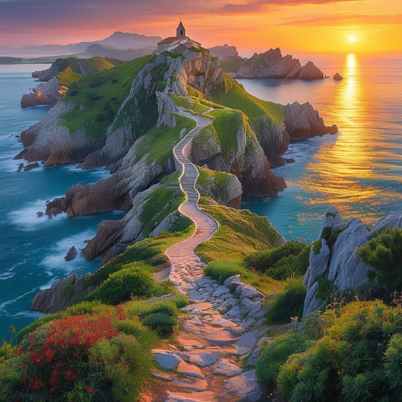 #Bing_Wallpaper在西班牙巴斯克地区，日落时分的加斯特卢加特谢岛展现出令人叹为观止的景色