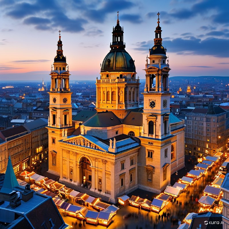 #Bing_Wallpaper圣斯蒂芬大教堂在降临节期间的全景，装饰着来自匈牙利布达佩斯繁忙圣诞市场的温暖发光灯饰