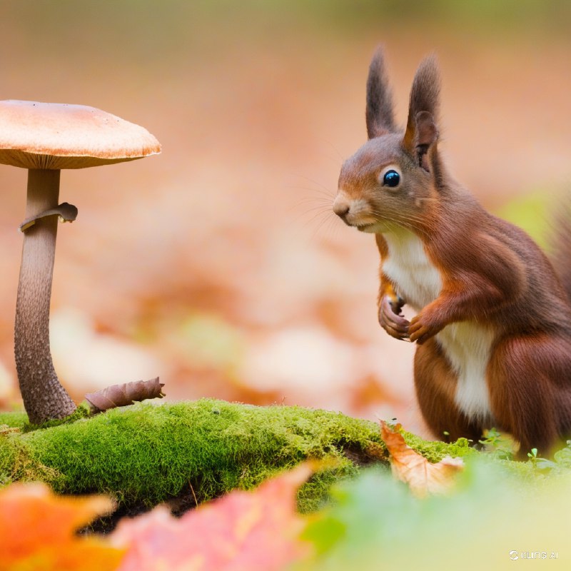 #Bing_Wallpaper一个充满奇幻氛围的秋日森林场景，一只好奇的欧亚红松鼠注视着一株高大、表面纹理丰富的毒蘑菇