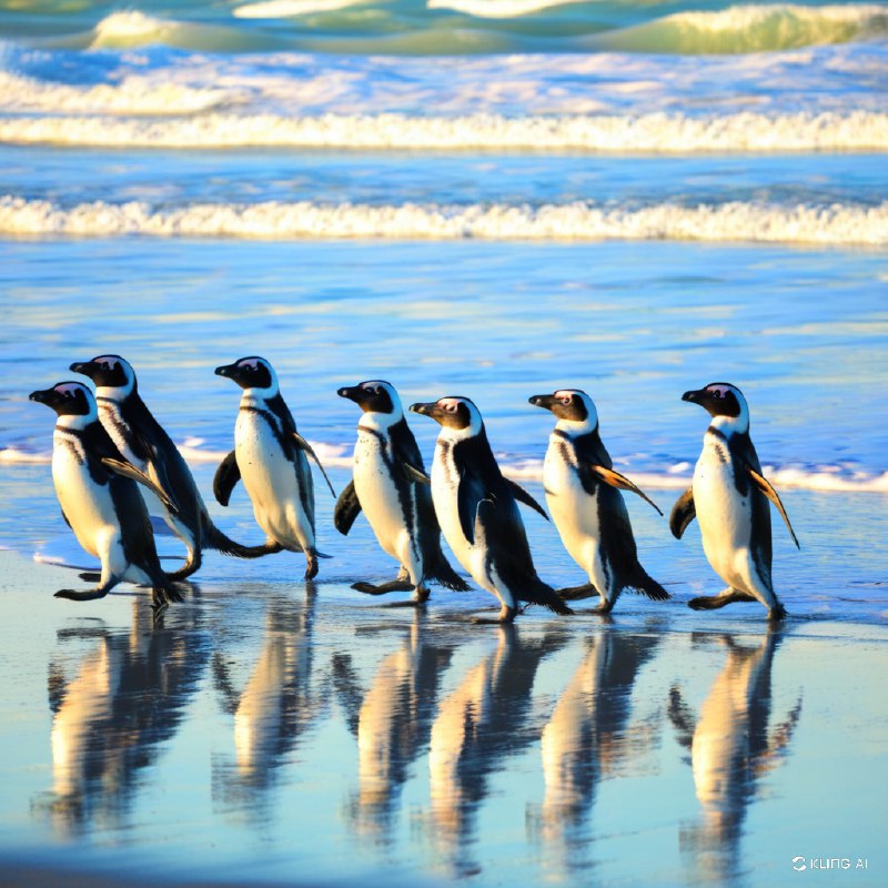 #Bing_Wallpaper“麦哲伦企鹅仿佛穿着天然的黑白‘燕尾服’，优雅地沿着福克兰群岛志愿者点那条闪闪发光、沐浴在金色晨光中的海岸线踱步