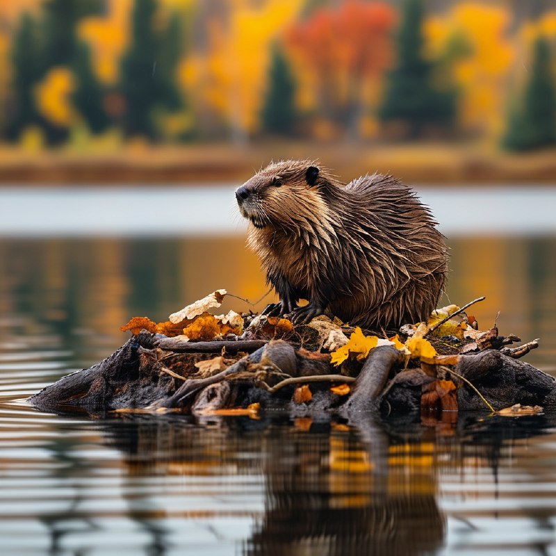#Bing_Wallpaper“一个宁静的秋日景象，呈现出一只北美海狸静静地蹲坐在通过精心交织的树枝、细枝与泥土构筑的窝棚顶端，以怀俄明州莫兰的宁静湖泊为背景，湖面映射着季节性树叶带来的金橙色光辉