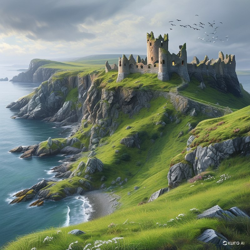 #Bing_Wallpaper"在崎岖悬崖上雄伟的中世纪城堡遗迹，位于北爱尔兰安特里姆的邓卢斯城堡俯瞰着广阔而宁静的海洋