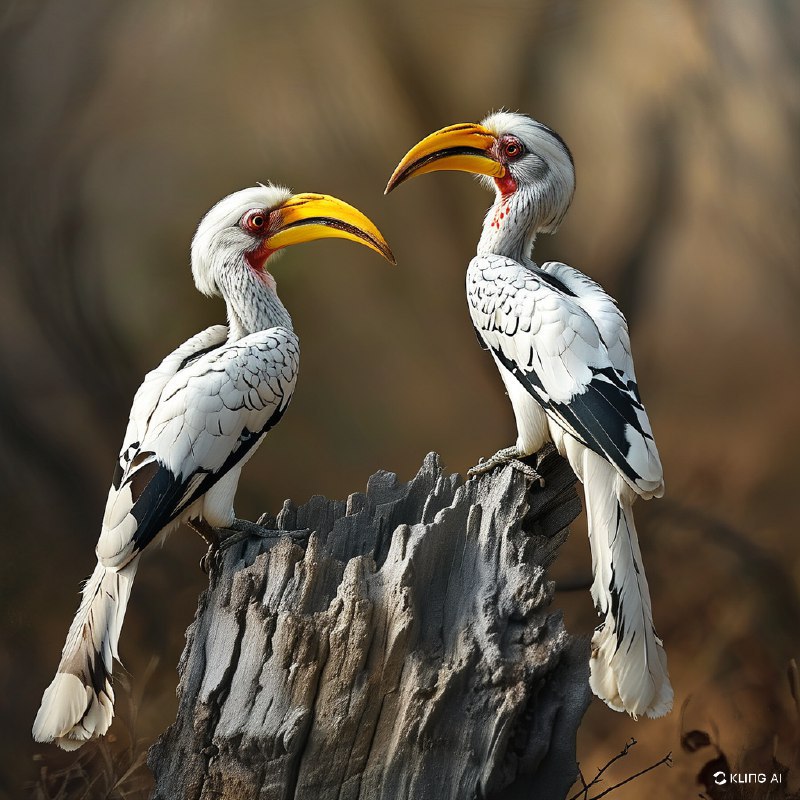 #Bing_Wallpaper两只活力十足的南方黄嘴犀鸟栖息在南非克鲁格国家公园荒野中一棵风化灰树桩的顶端