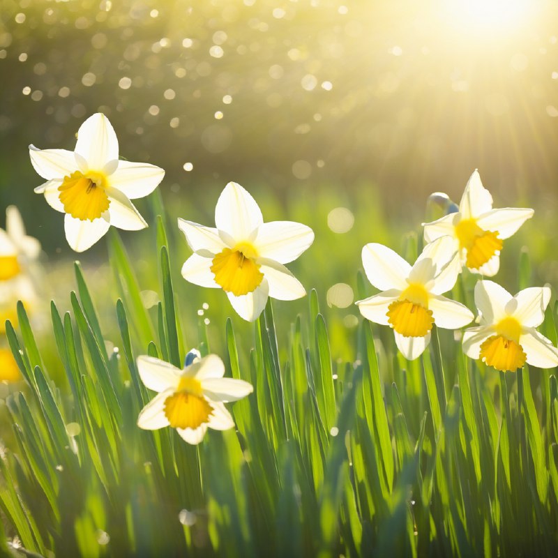 #Bing_Wallpaper一个迷人的春日清晨，沐浴在金色阳光中，娇嫩的水仙花优雅地盛开在鬱鬱葱葱的绿草间