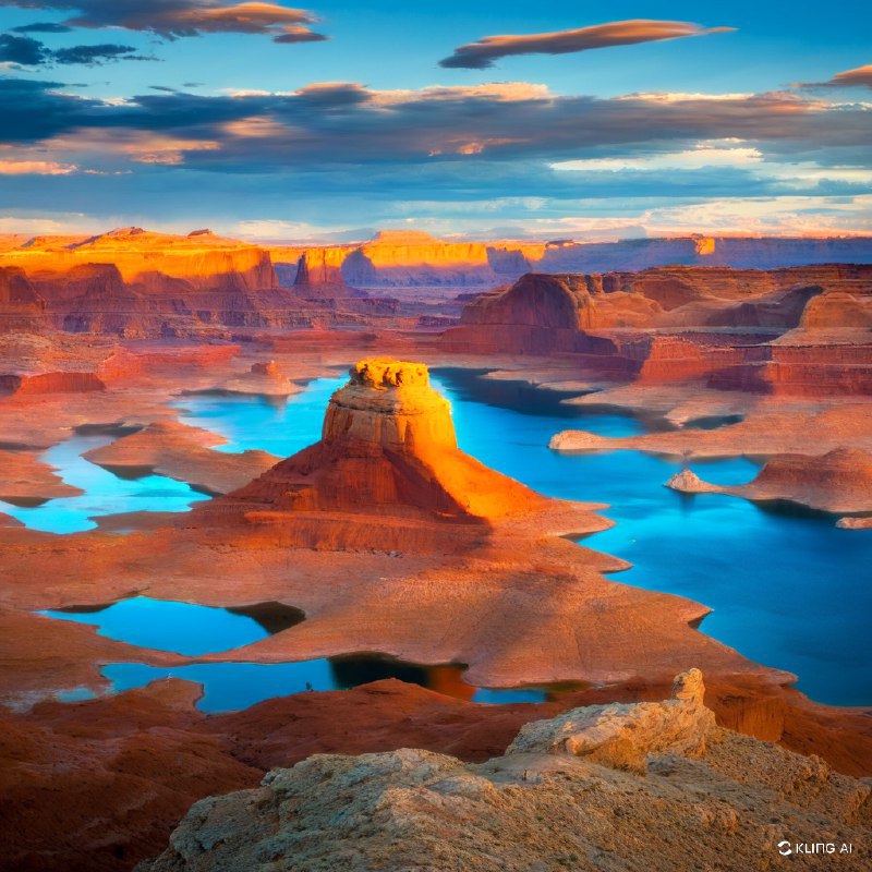 #Bing_Wallpaper"美国犹他州鲍威尔湖畔的阿尔斯特罗姆角，那辽阔而令人震撼的景致：金橙色的砂岩悬崖在夕阳的温暖光辉下熠熠生辉，长长的影子洒落在崎岖的地形上；湖水深沉宁静的湛蓝色与岩石炽烈的色调形成鲜明对比；远方的台地和平顶孤峰延绵至地平线，在天际下层次丰富的云层中展开，云朵呈现蓝、灰以及柔和桃色的交叠变化；悬崖上风化纹理与沉积层次的尖锐细节清晰可见；整个画面弥漫着一种静谧却雄伟的气息，唤起沉思与敬畏，描绘了一个具备高清晰度和现实感的电影级自然意境