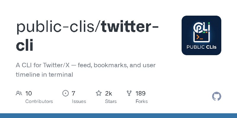 GitHub - public-clis/twitter-cli: A CLI for Twitter/X — feed, bookmarks, and user timeline in terminal