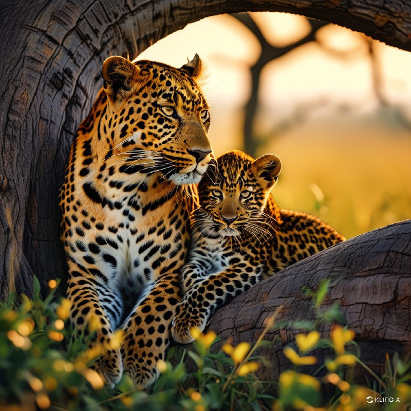 #Bing_Wallpaper“在博茨瓦纳贾奥自然保护区茂密的绿色荒野中，一只母豹正温柔地为她那顽皮的小豹梳理毛发，二者优雅地栖息在一棵粗壮而沧桑的树干上，构成了一幅宁静而暖心的画面