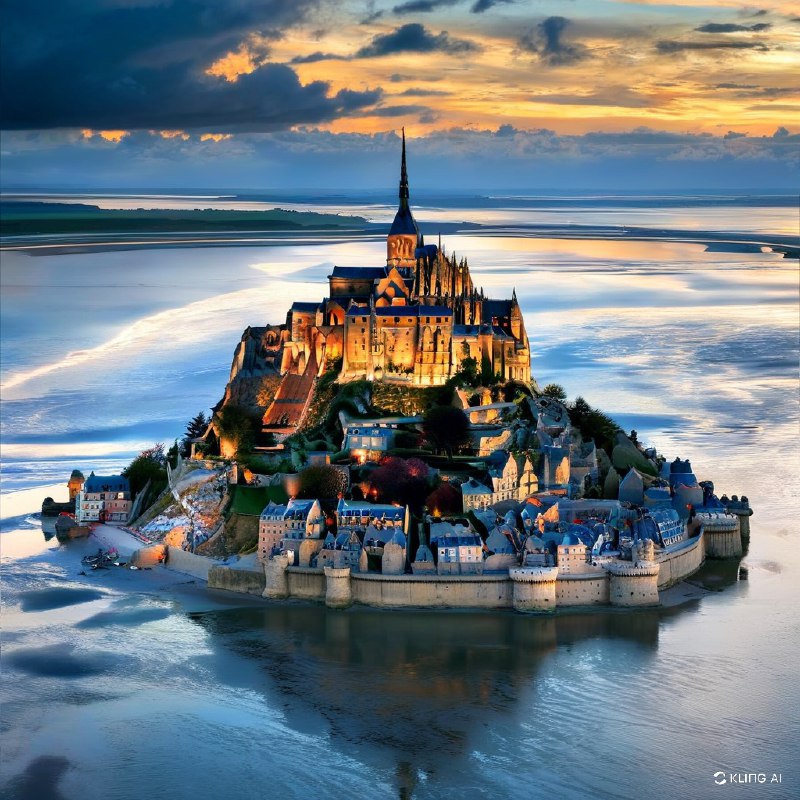 #Bing_Wallpaper在梦幻般的暮色中，创造蒙特圣米歇尔的图像，捕捉它那超凡脱俗的美