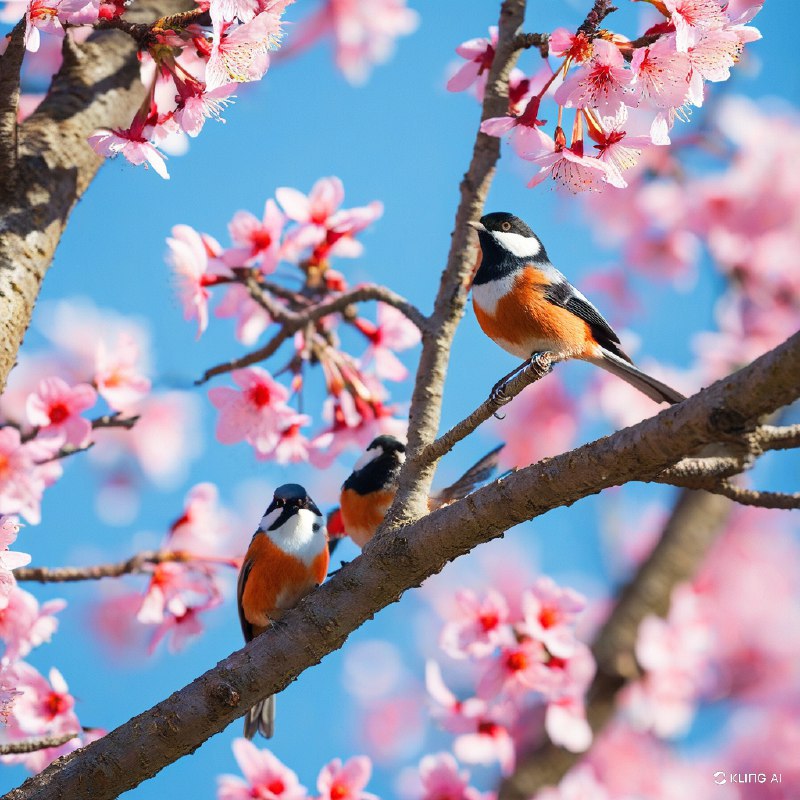 #Bing_Wallpaper两只活力十足的红头长尾山雀停在盛开的樱花树枝上，沐浴在清朗春日明媚的阳光中