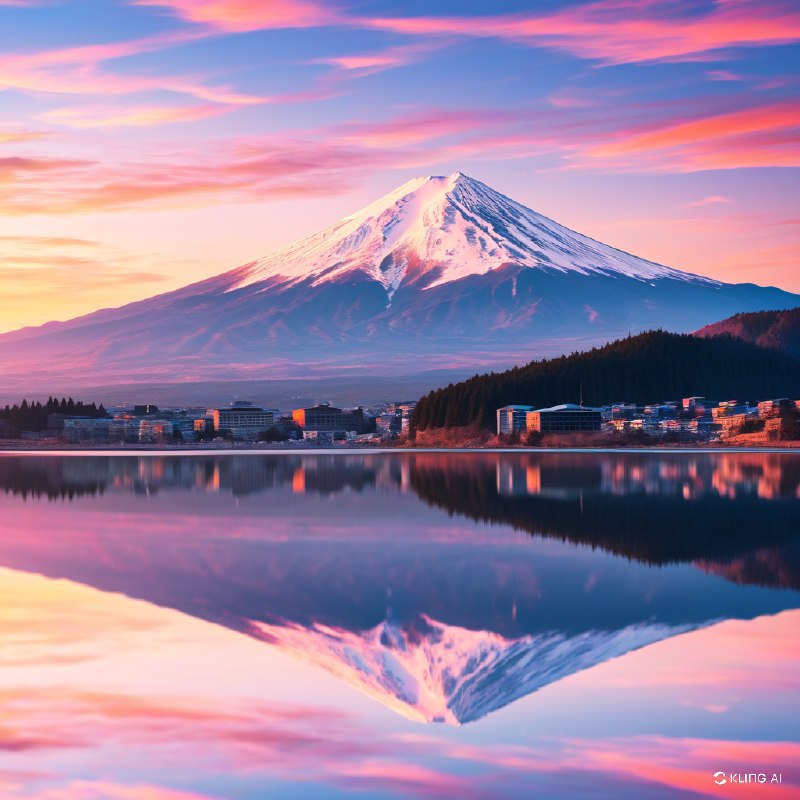 #Bing_Wallpaper旭日柔和的金色光芒洒在雄伟的富士山上，雪顶在温暖的光线中泛着光辉，完美地倒映在日本河口湖如镜的湖水中