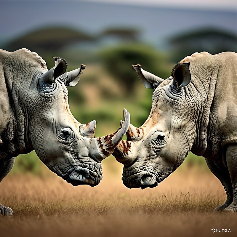 #Bing_Wallpaper“两只濒危的雄性白犀牛，面对面于一个亲密的时刻，置身于肯尼亚纳库鲁湖平静的背景下