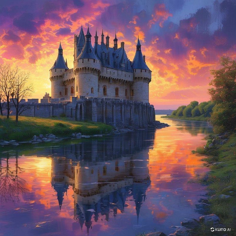 #Bing_Wallpaper一座雄伟的中世纪城堡庄严地矗立在卢瓦尔河静谧的河岸边，暮色中，它被宁静的水面环绕，水面倒映着城堡巍峨的石墙和高耸的圆锥形塔尖