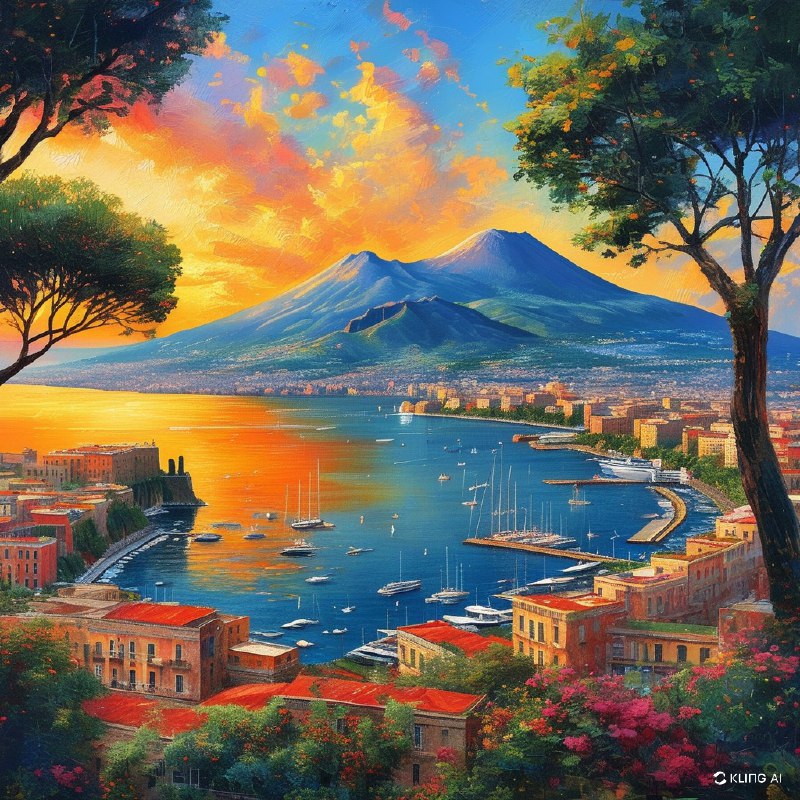 #Bing_Wallpaper“意大利那不勒斯湾的全景生动地展现在眼前，沐浴在夕阳天空温暖的金色光辉中