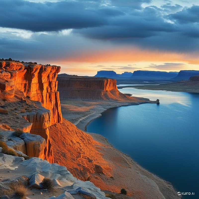 #Bing_Wallpaper"美国犹他州鲍威尔湖畔的阿尔斯特罗姆角，那辽阔而令人震撼的景致：金橙色的砂岩悬崖在夕阳的温暖光辉下熠熠生辉，长长的影子洒落在崎岖的地形上；湖水深沉宁静的湛蓝色与岩石炽烈的色调形成鲜明对比；远方的台地和平顶孤峰延绵至地平线，在天际下层次丰富的云层中展开，云朵呈现蓝、灰以及柔和桃色的交叠变化；悬崖上风化纹理与沉积层次的尖锐细节清晰可见；整个画面弥漫着一种静谧却雄伟的气息，唤起沉思与敬畏，描绘了一个具备高清晰度和现实感的电影级自然意境