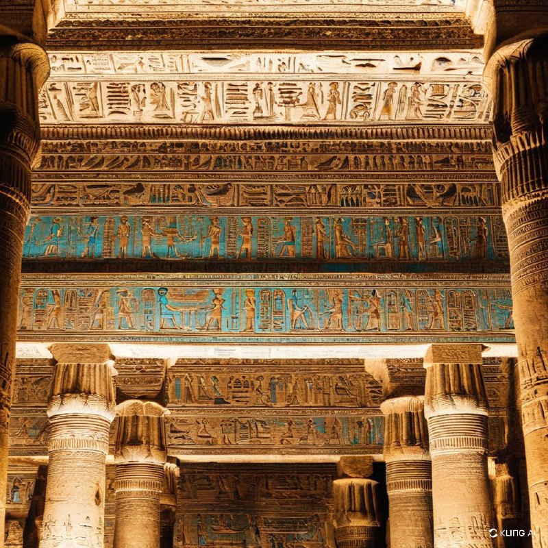 古埃及神庙的内部装饰、细致的象形文字和石雕、鲜艳的色彩、复杂的建筑细节、华丽的柱子、历史的氛围、温暖的灯光、神圣而神秘的氛围