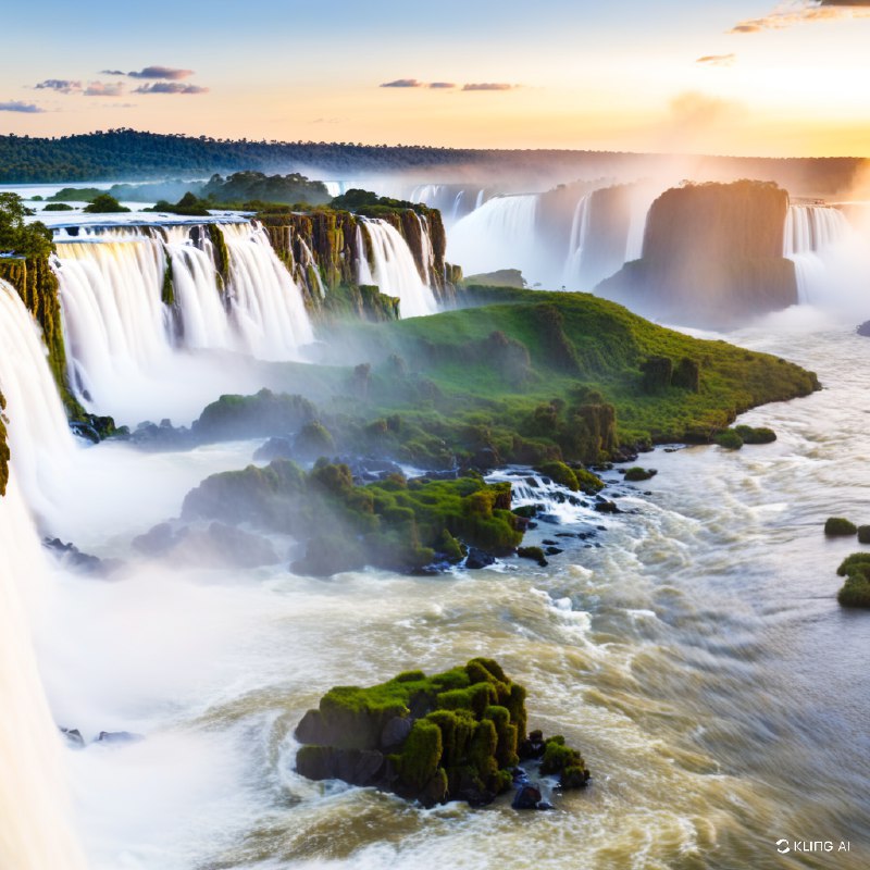 #Bing_Wallpaper“从巴西巴拉那州望去的雄伟伊瓜苏瀑布，这一令人叹为观止的水流从郁郁葱葱的悬崖上倾泻而下，周围环绕着生机盎然的绿色植被和布满青苔的岩石