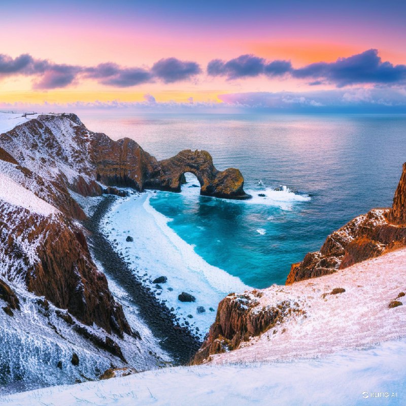 #Bing_Wallpaper超现实的冬季海景位于世界尽头，康沃尔兰兹角被白雪覆盖的悬崖，戏剧性拱形岩石从如梦似幻的海洋中出现，金橙色的日落为冰冷的景观投射出温暖的光辉，深蓝色海洋与白雪形成鲜明对比，崎岖地带上有薄霜的植被点缀，宁静却庄严的氛围，电影般非常细致的视觉风格，捕捉自然的迷人美丽与力量