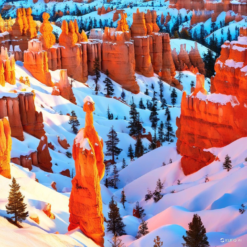 #Bing_Wallpaper雄伟的砂岩岩柱在犹他州布莱斯峡谷国家公园的洁白雪床上戏剧性地矗立，橙红色与火红色的石柱在日出或日落时的柔光下散发着金色的光辉