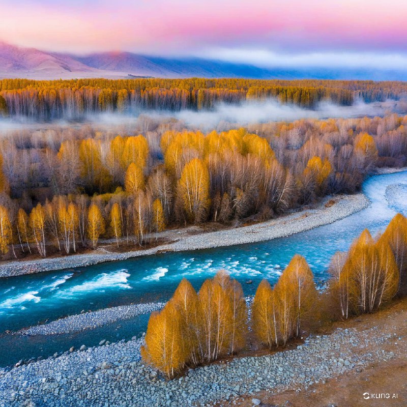 中国新疆禾木村的秋景令人叹为观止，色彩鲜艳，河岸两旁的树木金黄，河水宁静，雾气缭绕，柔和的粉紫色天空，自然之美，景色静谧