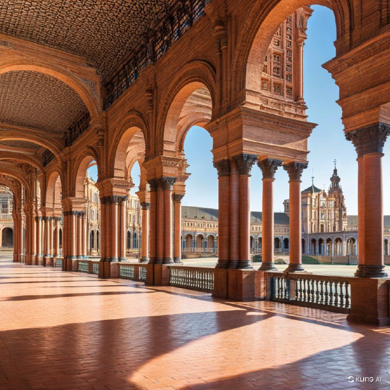 #Bing_Wallpaper受到西班牙塞维利亚西班牙广场启发的宏伟建筑场景，被重新构想为一个充满活力的外星行星——纳布星