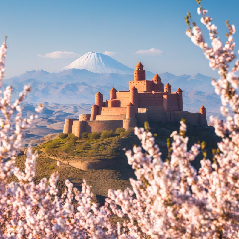 #Bing_Wallpaper“如梦似幻的西班牙城堡坐落在起伏的山丘之上，卡拉奥拉城堡由金红色的石材建成，在柔和的阳光下散发出温暖的光芒，周围是一片娇嫩盛开的粉白色樱花