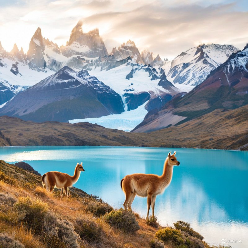 #Bing_Wallpaper"在智利托雷斯德尔潘恩国家公园日出时的壮丽全景，画面中有两只优雅的原驼栖息在草坪峭壁上