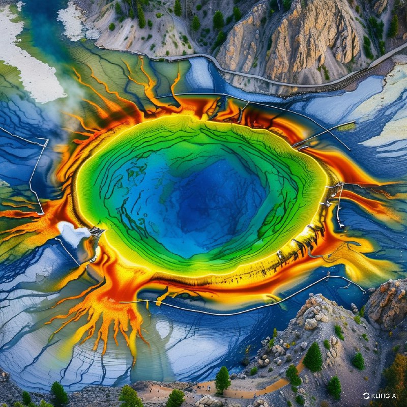 #Bing_Wallpaper密苏里州黄石国家公园的大棱镜泉空中美景，展示了其充满活力的地热之美