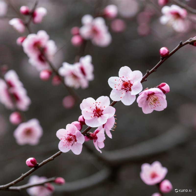 #Bing_Wallpaper盛开的娇嫩梅花，柔粉色的花瓣散发出优雅与精细的魅力，点缀在纤细的深棕色枝条上