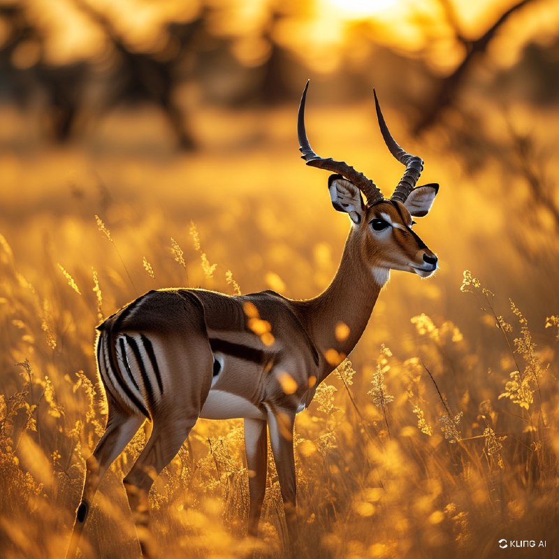 #Bing_Wallpaper一只优雅的黑脸大羚羊漫步在博茨瓦纳莫雷米野生动物保护区的金色草原上，沐浴在日落的温暖光辉中