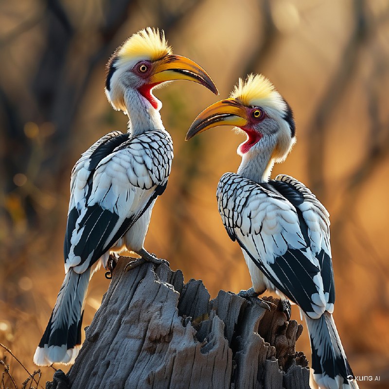 #Bing_Wallpaper两只活力十足的南方黄嘴犀鸟栖息在南非克鲁格国家公园荒野中一棵风化灰树桩的顶端