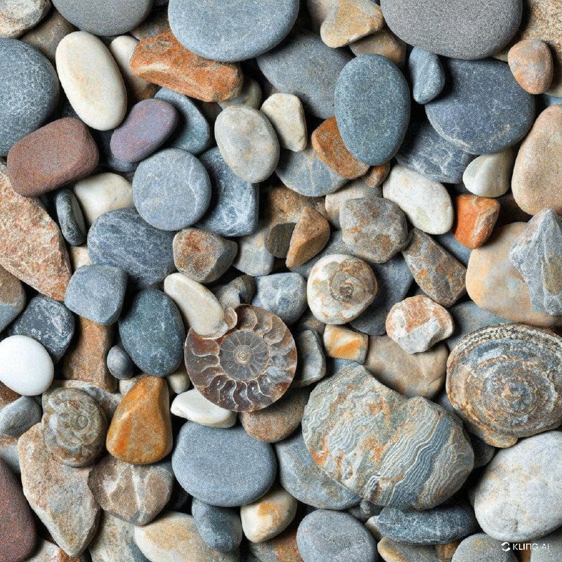 散落在岩石和石头中的各种化石（包括氨虫和贝类）的详细图像