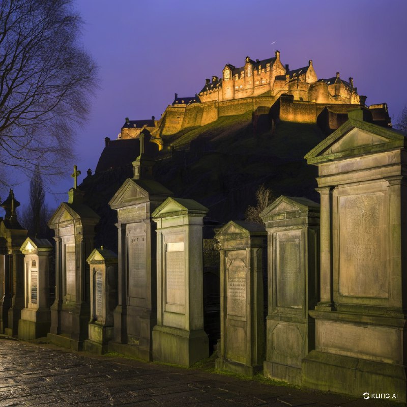 这是一个诡异的历史场景，以苏格兰教堂墓地的墓碑为前景，背景是爱丁堡城堡在阴暗的天空下闪闪发光