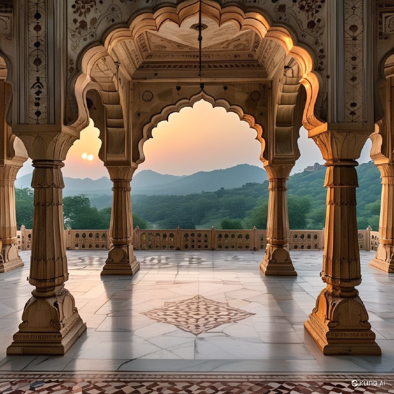 #Bing_Wallpaper精巧的建筑奇迹，位于印度拉贾斯坦邦琥珀堡的Sattais Katcheri，展示了宏伟的拱门，上面有精美的花卉和几何雕刻，坐落在优雅雕刻的柱子之间