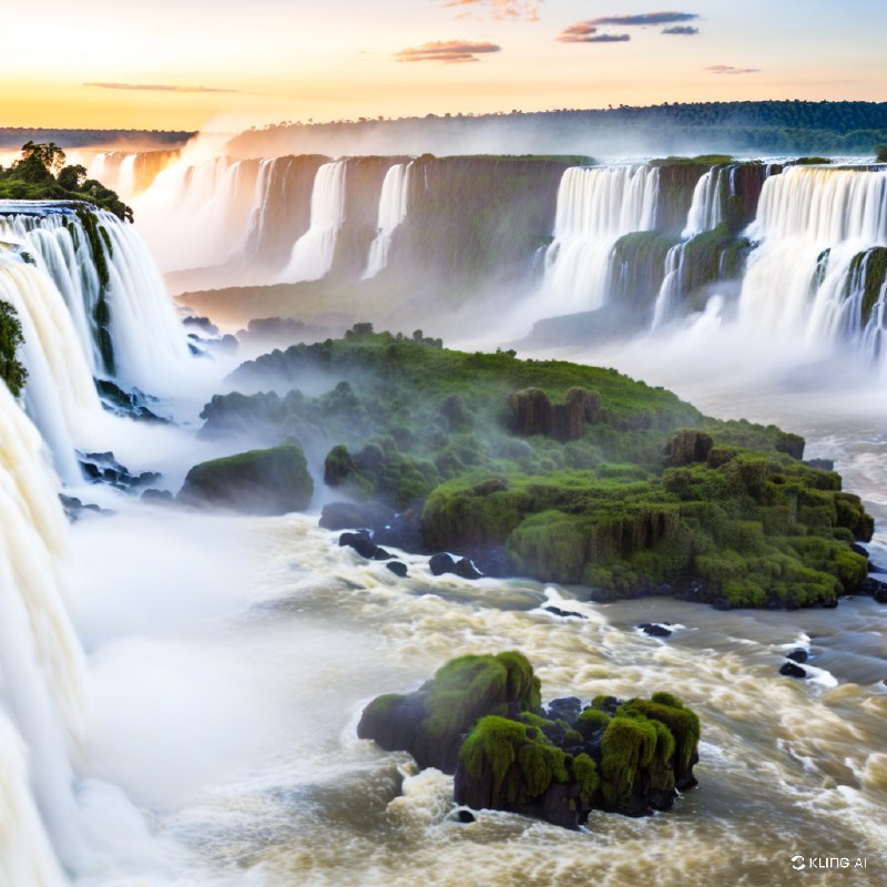 #Bing_Wallpaper“从巴西巴拉那州望去的雄伟伊瓜苏瀑布，这一令人叹为观止的水流从郁郁葱葱的悬崖上倾泻而下，周围环绕着生机盎然的绿色植被和布满青苔的岩石