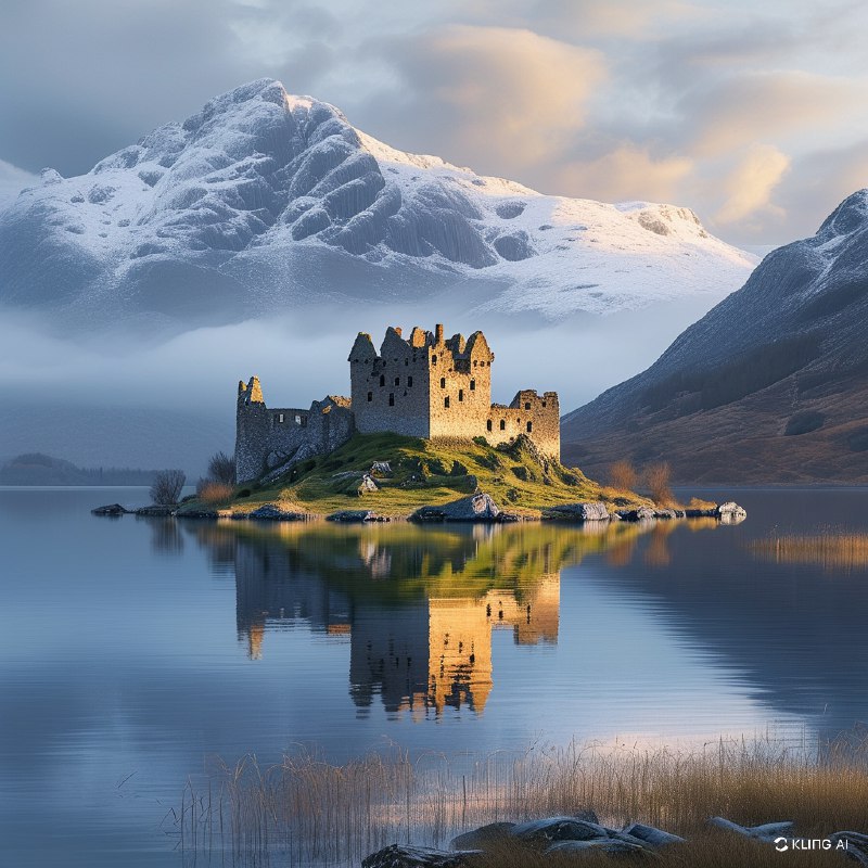 #Bing_Wallpaper“一座孤独的中世纪石堡静静矗立在洛奇湖宁静水域中央的一座小草地岛屿上，周围环绕着苏格兰高地飘渺的自然美景